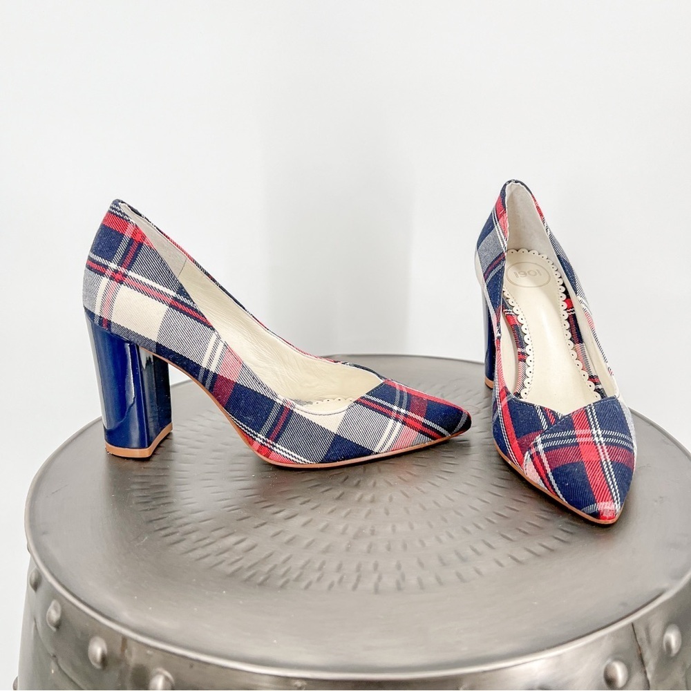 1901 Blue and Red Plaid Block Heels